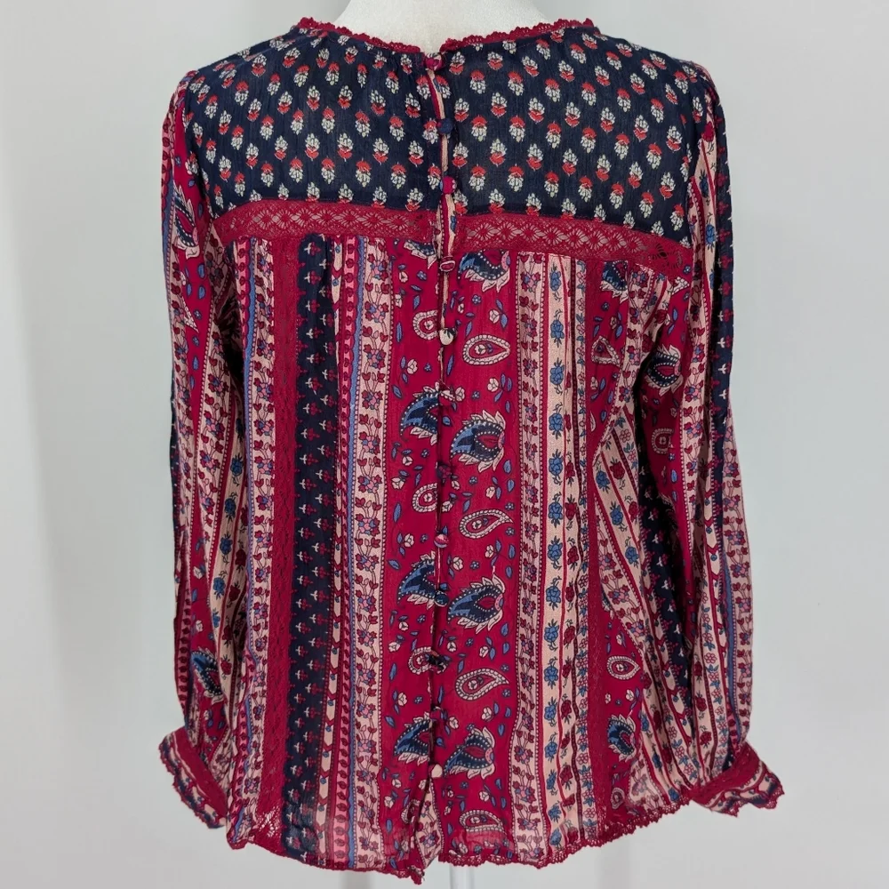 Anthropologie Red Navy Blue Boho Long Sleeve Gretchen Patchwork Lace Blouse 12 - Picture 6 of 8